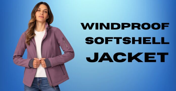 Woman wearing a mauve windproof softshell jacket, standing against a blue gradient background.