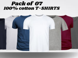 Pack of O7 100% cotton T-shirts showing navy, white, blue, gray, burgundy, and dark gray tees laid out together.
