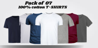 What Is a T-Shirt , Types and Style Guide Pack of O7 100% cotton T-shirts showing navy, white, blue, gray, burgundy, and dark gray tees laid out together.