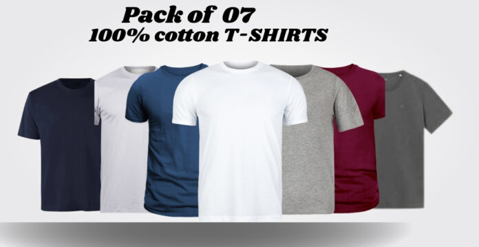 Pack of O7 100% cotton T-shirts showing navy, white, blue, gray, burgundy, and dark gray tees laid out together.