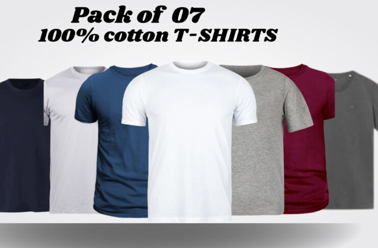 Pack of O7 100% cotton T-shirts showing navy, white, blue, gray, burgundy, and dark gray tees laid out together.