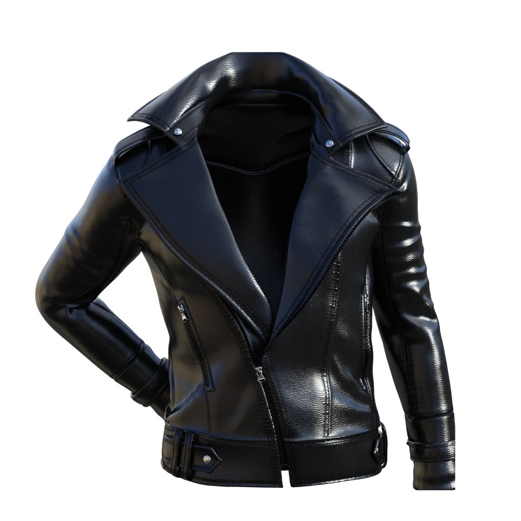 Black street-style leather jacket with a hooded design and front zipper, shown on a white background
