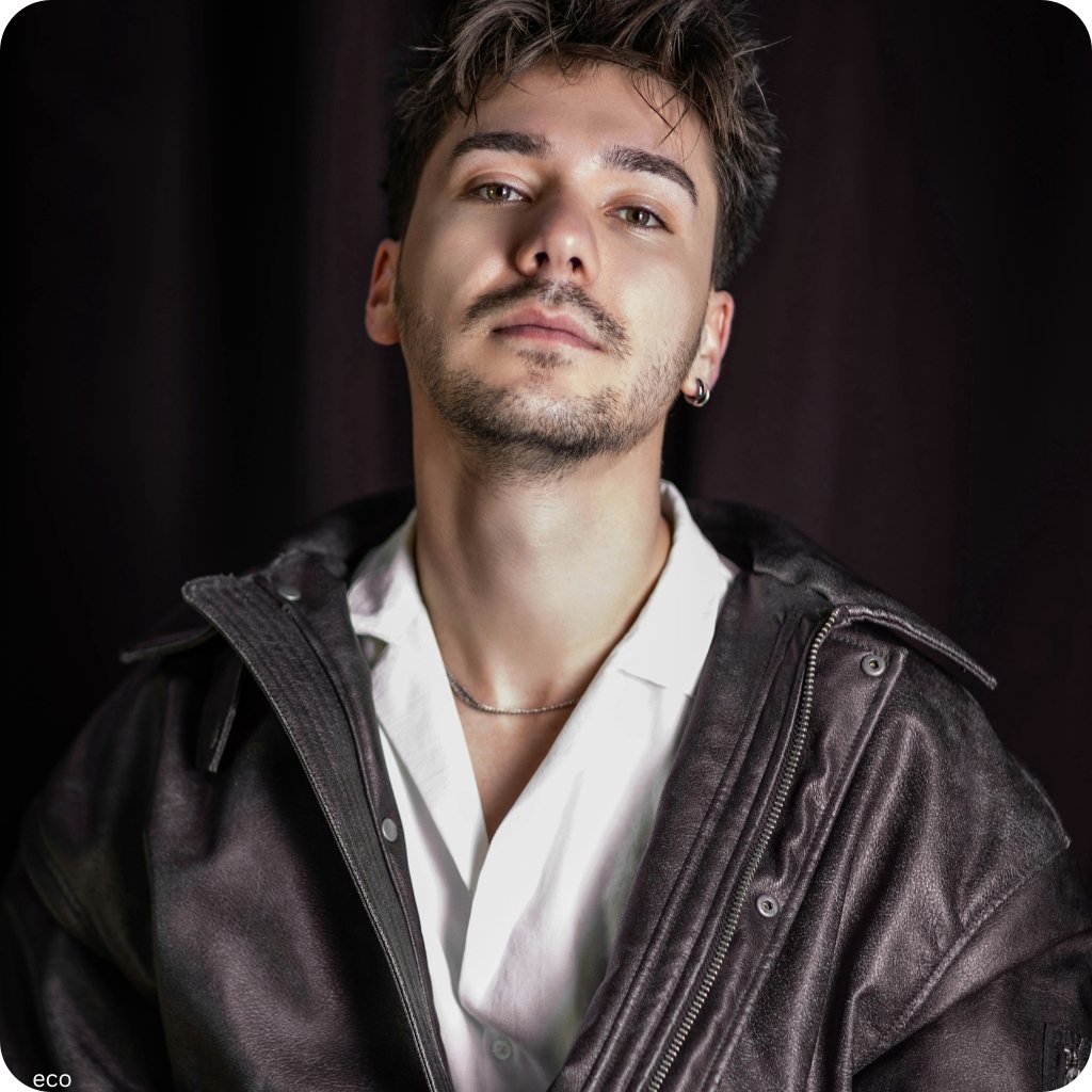 Street Legend dark leather jacket on a model with a white open-collar shirt, styled for a streetwear look.