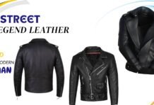 Street Legend Leather Jacket for Confident Men Street Legend leather jacket in black—front, back, and product details with helmeted mannequin view.