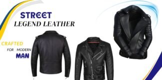 Street Legend Leather Jacket for Confident Men Street Legend leather jacket in black—front, back, and product details with helmeted mannequin view.