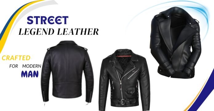 Street Legend leather jacket in black—front, back, and product details with helmeted mannequin view.