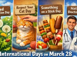 International days poster for March 28 featuring “Weed Appreciation Day,” “Respect Your Cat Day,” “Something on a Stick Day,” and “National Doctors’ Day” with a cat and food on skewers beside a smiling doctor couple. on March 28