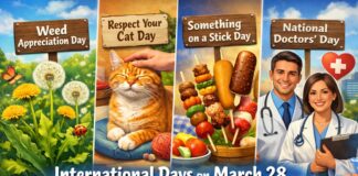International Days on March 28: Event, Meaning & Celebration International days poster for March 28 featuring “Weed Appreciation Day,” “Respect Your Cat Day,” “Something on a Stick Day,” and “National Doctors’ Day” with a cat and food on skewers beside a smiling doctor couple. on March 28