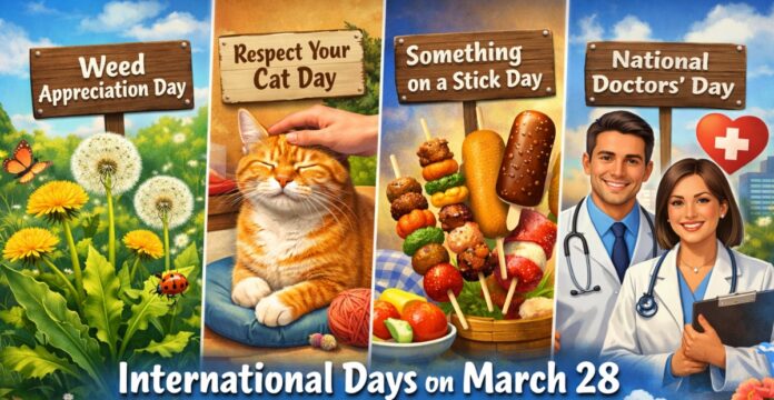 International days poster for March 28 featuring “Weed Appreciation Day,” “Respect Your Cat Day,” “Something on a Stick Day,” and “National Doctors’ Day” with a cat and food on skewers beside a smiling doctor couple. on March 28