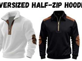Two oversized half-zip hoodies on a white background: a white fleece-lined collar hoodie with brown elbow patches on the left, and a black hoodie with brown shoulder and elbow patches on the right; both feature a partial chest zipper.