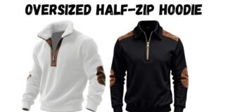 Oversized Half-Zip Hoodie: Comfort, Style & Streetwear Guide Two oversized half-zip hoodies on a white background: a white fleece-lined collar hoodie with brown elbow patches on the left, and a black hoodie with brown shoulder and elbow patches on the right; both feature a partial chest zipper.