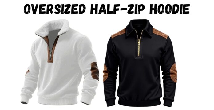 Two oversized half-zip hoodies on a white background: a white fleece-lined collar hoodie with brown elbow patches on the left, and a black hoodie with brown shoulder and elbow patches on the right; both feature a partial chest zipper.