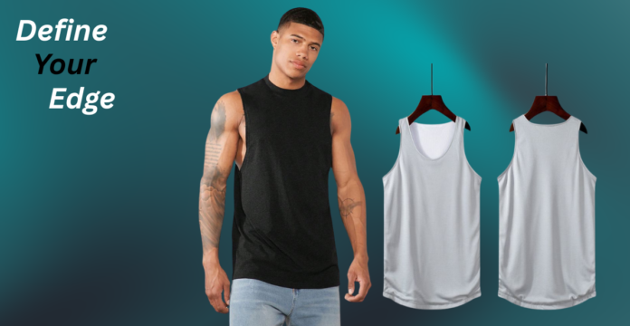 Men’s moisture-wicking yoga workout tee displayed on a model with two color options hanging on hangers.