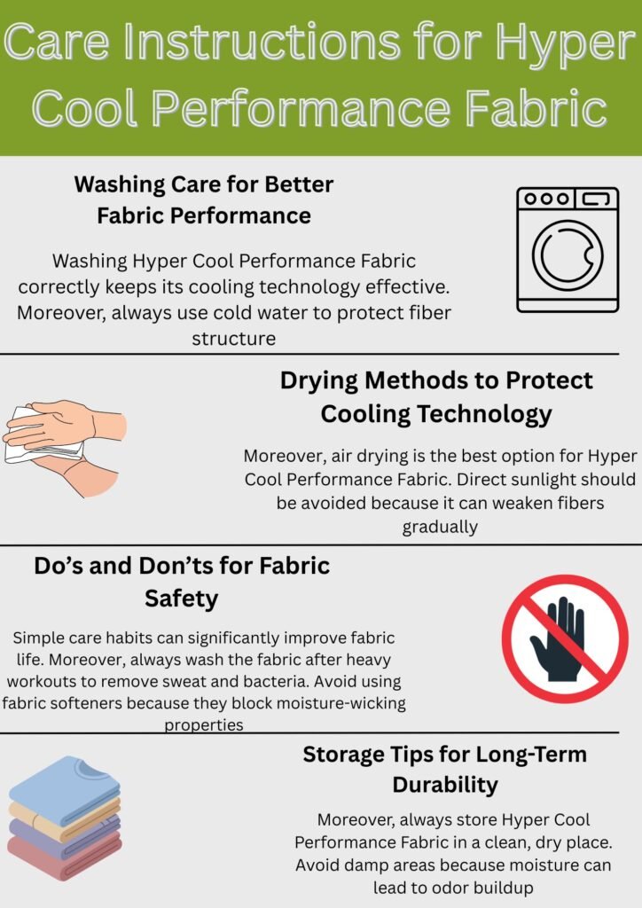 "Care instructions infographic for Hyper Cool Performance Fabric showing washing, drying, and storage guidelines with icon-based do's and don'ts."

Hyper Cool Performance Fabric: