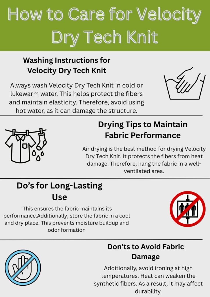 Velocity Dry Tech Knit: High-Performance Fabric for Athletes 12 "Infographic titled 'Velocity Dry Tech Knit Care Instructions' with four labeled sections: 'Washing Instructions' (icon of hand washing in basin), 'Drying Tips' (icon of clothes hanging on line), 'Do's for Long-Lasting Use' (checkmark icon), and 'Don'ts to Avoid Fabric Damage' (prohibited symbol). Each section contains concise text instructions."
Velocity Dry Tech Knit: