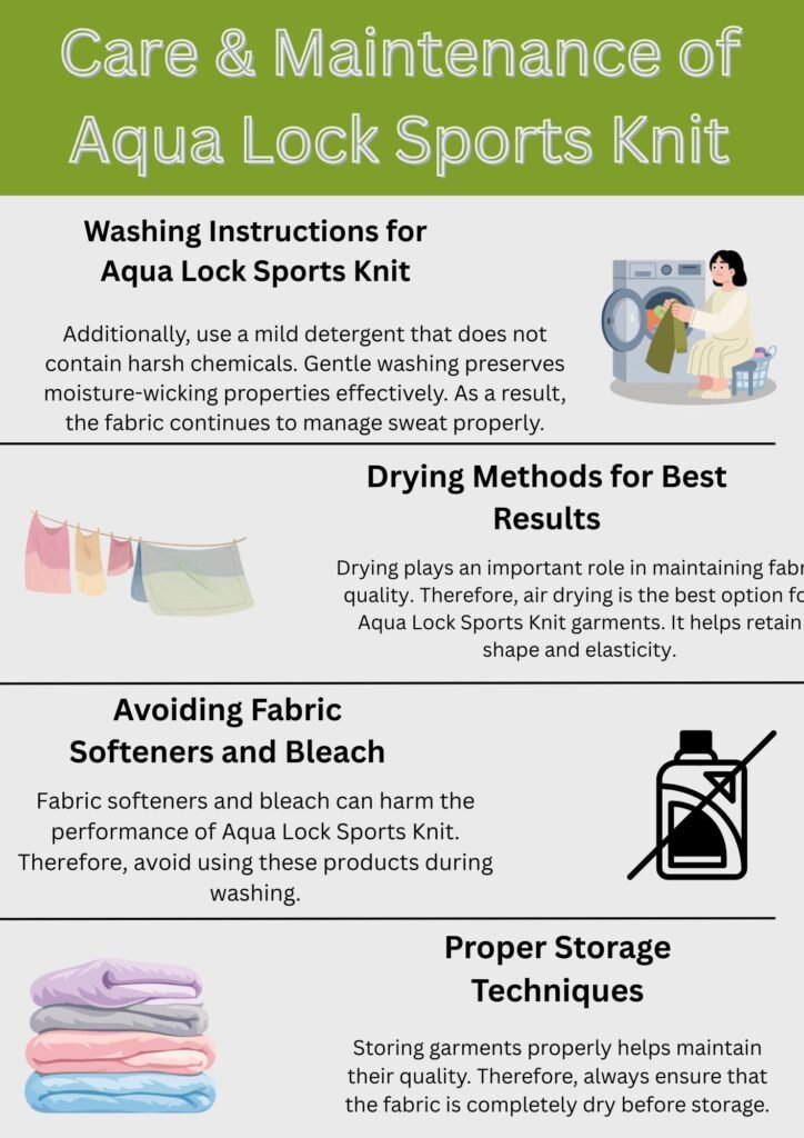 "Aqua Lock Sports Knit fabric care guide showing washing (woman loading washing machine), air drying (clothes on line), warnings against fabric softener and bleach (crossed-out bottle), and proper storage (stack of folded clothes)."
Aqua Lock Sports Knit:
