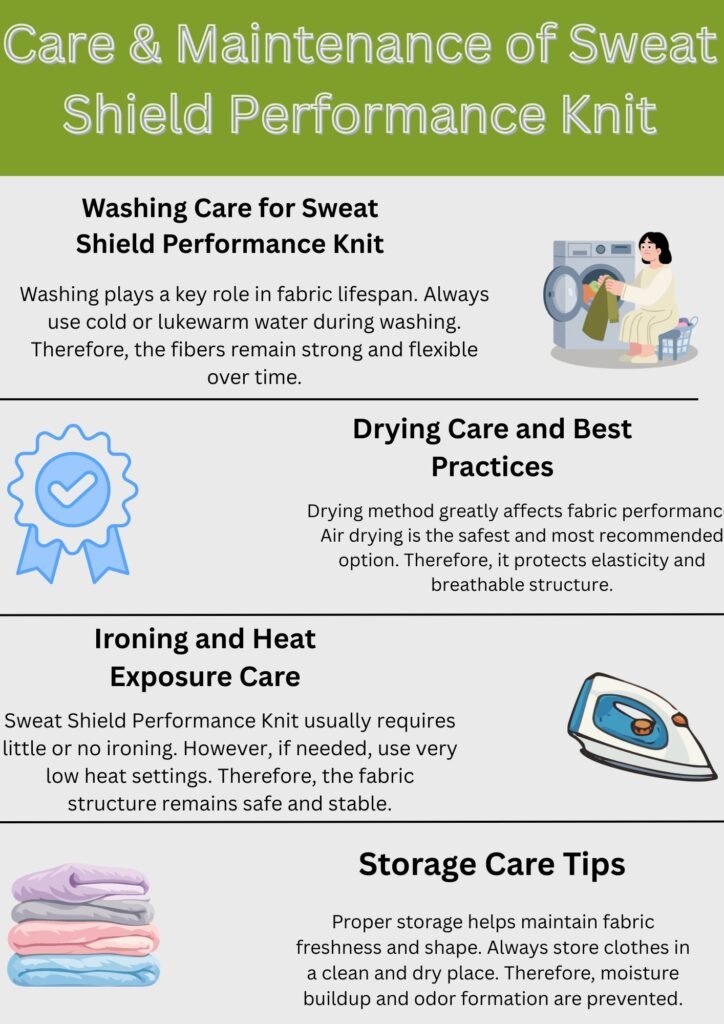 Care and maintenance guide for Sweat Shield Performance Knit showing washing, drying, ironing, and storage tips.Sweat Shield Performance Knit: