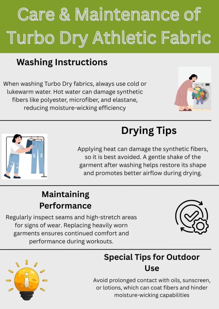 "Care instructions for Turbo Dry Athletic Fabric: washing in cold/lukewarm water, air drying, shaking garments after washing, inspecting seams, and avoiding oils/sunscreen during outdoor use."
Turbo Dry Athletic Fabric:

