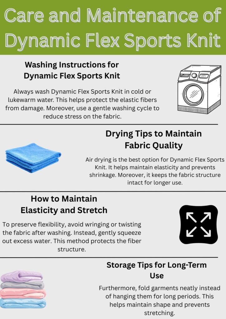 "Four-panel infographic titled 'Care & Maintenance of Dynamic Flex Sports Knit'. Left to right: 1) Washing icon: front-loading washing machine with water droplets and temperature dial set to cold; 2) Drying icon: neatly folded light-blue towel with gentle airflow arrows above; 3) Elasticity preservation icon: abstract human figure stretching horizontally, with parallel tension lines radiating from center; 4) Storage icon: three stacked, evenly folded garments in soft gray tones, aligned vertically."
Dynamic Flex Sports Knit:
