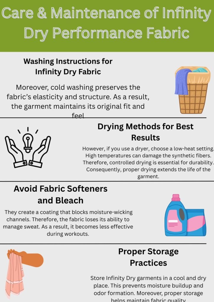 Infinity Dry Performance Fabric: Sweat-Wicking Comfort Gear 10 Care and maintenance tips for Infinity Dry Performance Fabric including washing, drying, avoiding softeners, and proper storageInfinity Dry Performance Fabric: