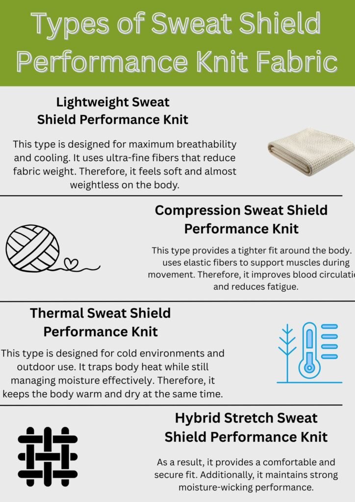 Types of Sweat Shield Performance Knit fabric including lightweight, compression, thermal, and hybrid stretch variants.Sweat Shield Performance Knit: