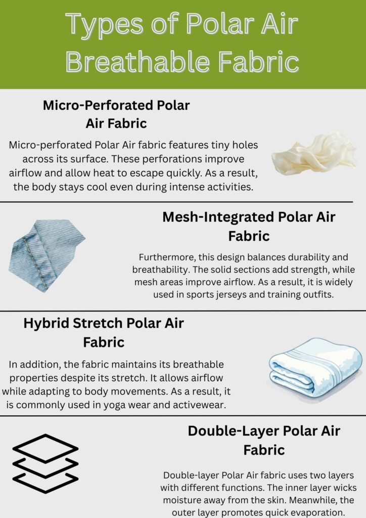 "Infographic with four sections: Micro-Perforated Polar Air Fabric (crumpled white fabric), Mesh-Integrated Polar Air Fabric (light blue mesh swatch), Hybrid Stretch Polar Air Fabric (folded white towel), and Double-Layer Polar Air Fabric (layering diagram)."

Polar Air Breathable Fabric: