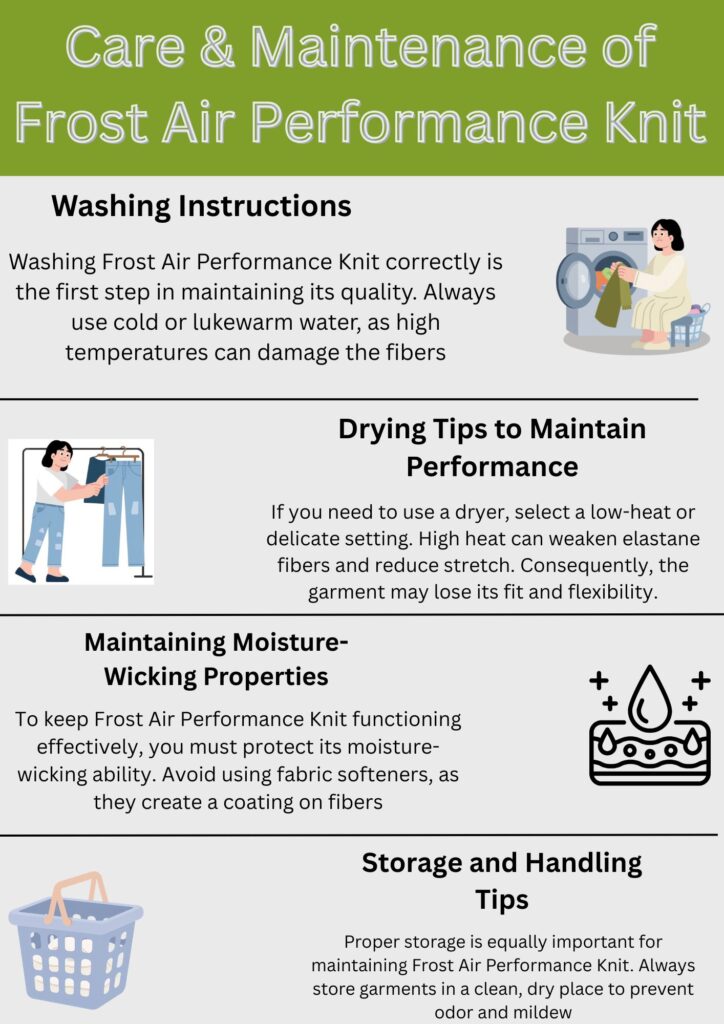 Frost Air Performance Knit: Cool Comfort Fabric for Athletes 10 "Care instructions graphic for Frost Air Performance Knit fabric showing washing, drying, moisture-wicking maintenance, and storage guidelines with supporting icons."
Frost Air Performance Knit: