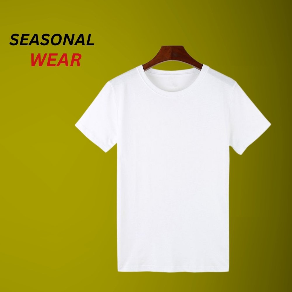 Trendy Men’s Longline T-Shirts – Effortless Style and Everyday Comfort 10 White Longline T-Shirts crew-neck t-shirt on a green background with “SEASONAL WEAR” text in the top-left.
