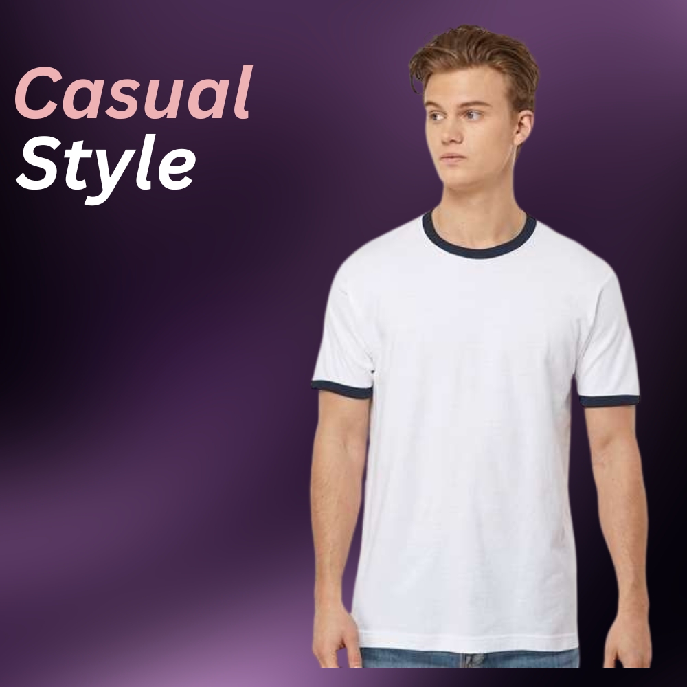 Classic cool ringer t-shirt featuring a white tee with black trim around the collar and sleeves, worn by a model against a purple background.