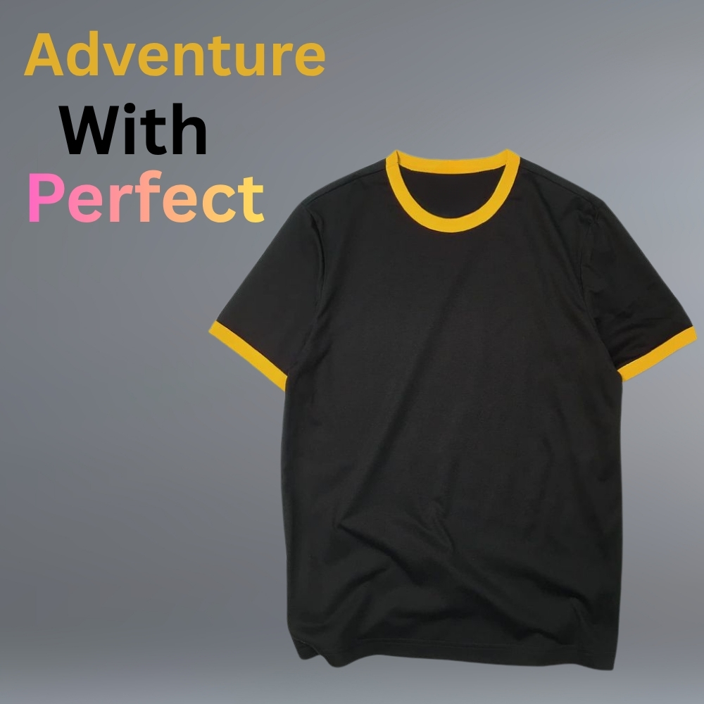 Classic cool Ringer T-Shirts with contrasting yellow collar and sleeve trim, shown on a grey background.