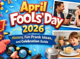 April Fools’ Day 2026 banner with playful pranks, party props, and a “Kick Me!” sign. April Fools' Day
