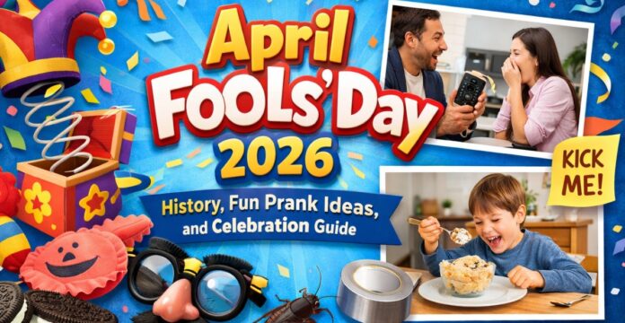 April Fools’ Day 2026 banner with playful pranks, party props, and a “Kick Me!” sign. April Fools' Day