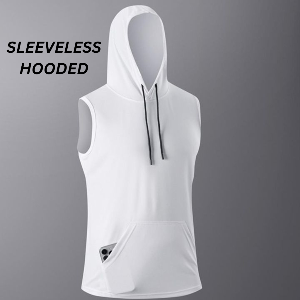 Gym & Street Hooded Sleeveless Tee: The Perfect Blend of Performance and Urban Style 8 White sleeveless hooded gym tee with a drawstring hood, shown on a mannequin against a gray background.