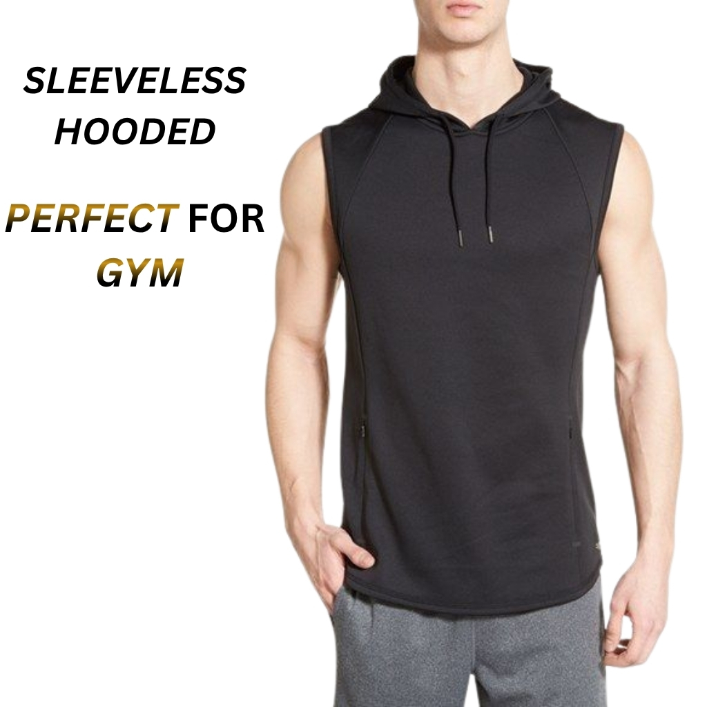 Gym & Street Hooded Sleeveless Tee: The Perfect Blend of Performance and Urban Style 9 Men’s sleeveless hooded gym tee in black, shown from the front.