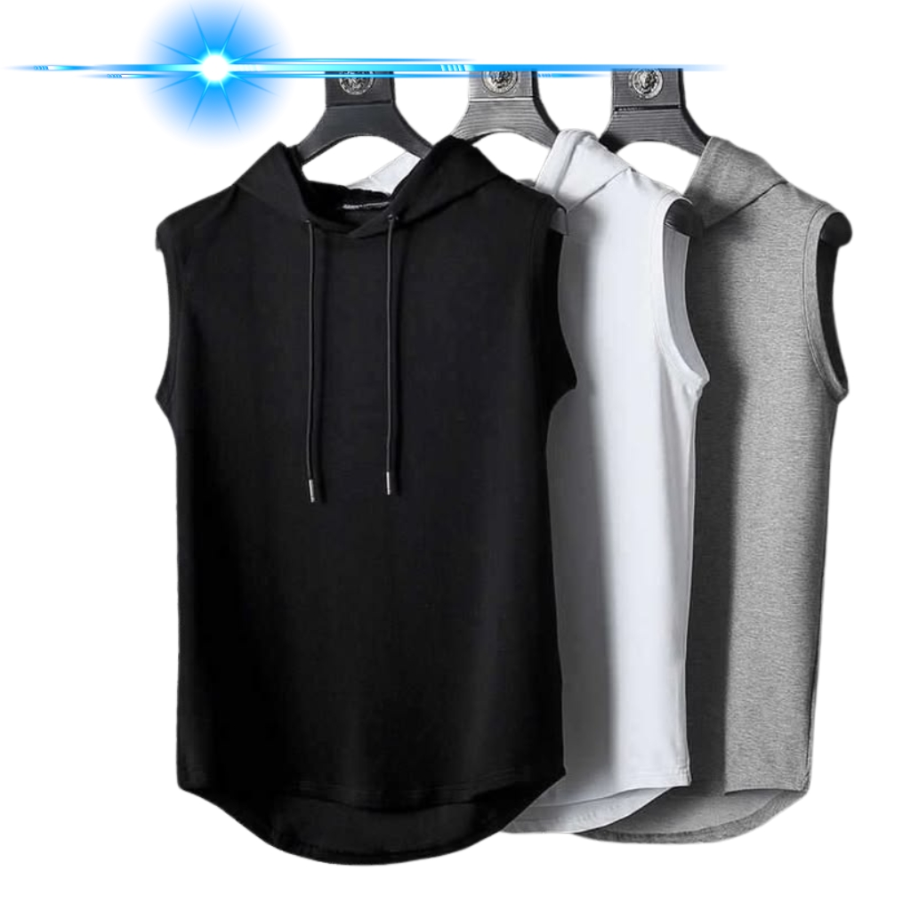 Gym & Street Hooded Sleeveless Tee: The Perfect Blend of Performance and Urban Style 10 Men’s gym sleeveless hooded tee (sleeveless athletic hoodie), featuring black, white, and gray options.