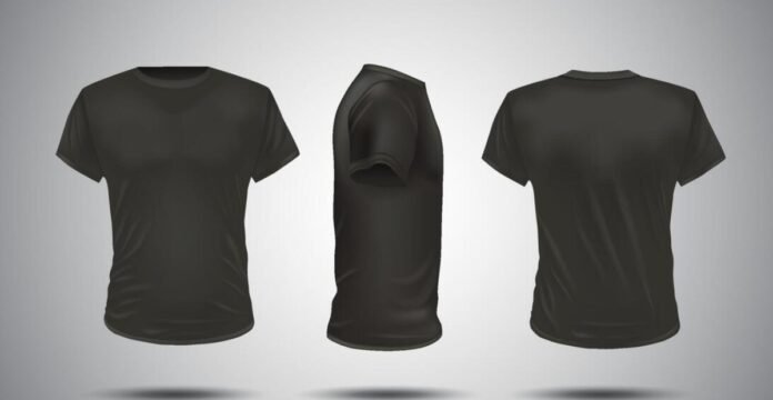 Black realistic T-shirt mockup shown from front, side, and back views on a light background.