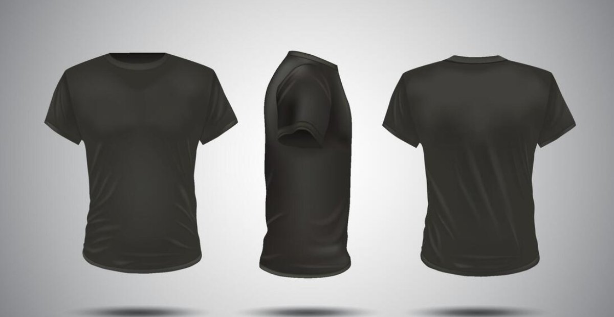 Black Realistic T-Shirts: Casual Fashion Wear with Classic Look Black realistic T-shirt mockup shown from front, side, and back views on a light background.