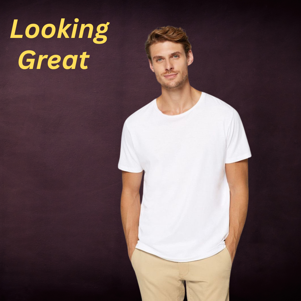 Boat Neck T-Shirts – Stylish Wide Neck Tees for Modern Casual Wear 11 Model wearing a white boat neck t-shirt with a wide neckline, styled in a modern casual everyday look.