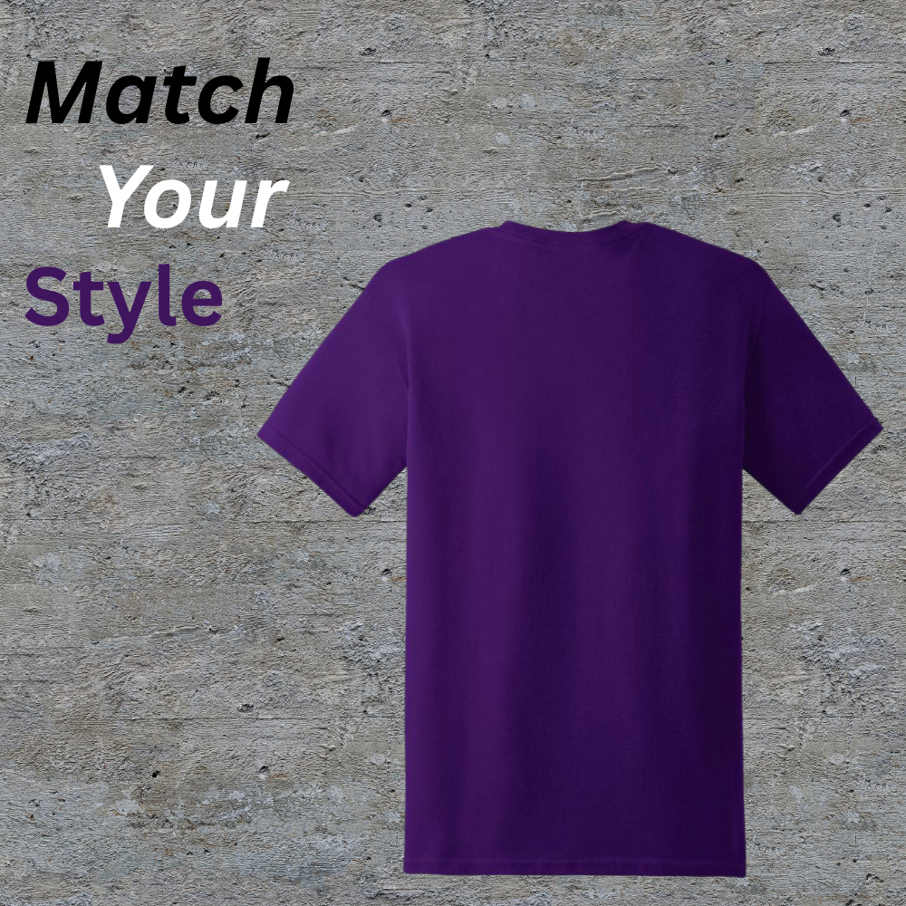 Purple Korean-style oversized streetwear t-shirt on a textured concrete background with “Match Your Style” text overlay.