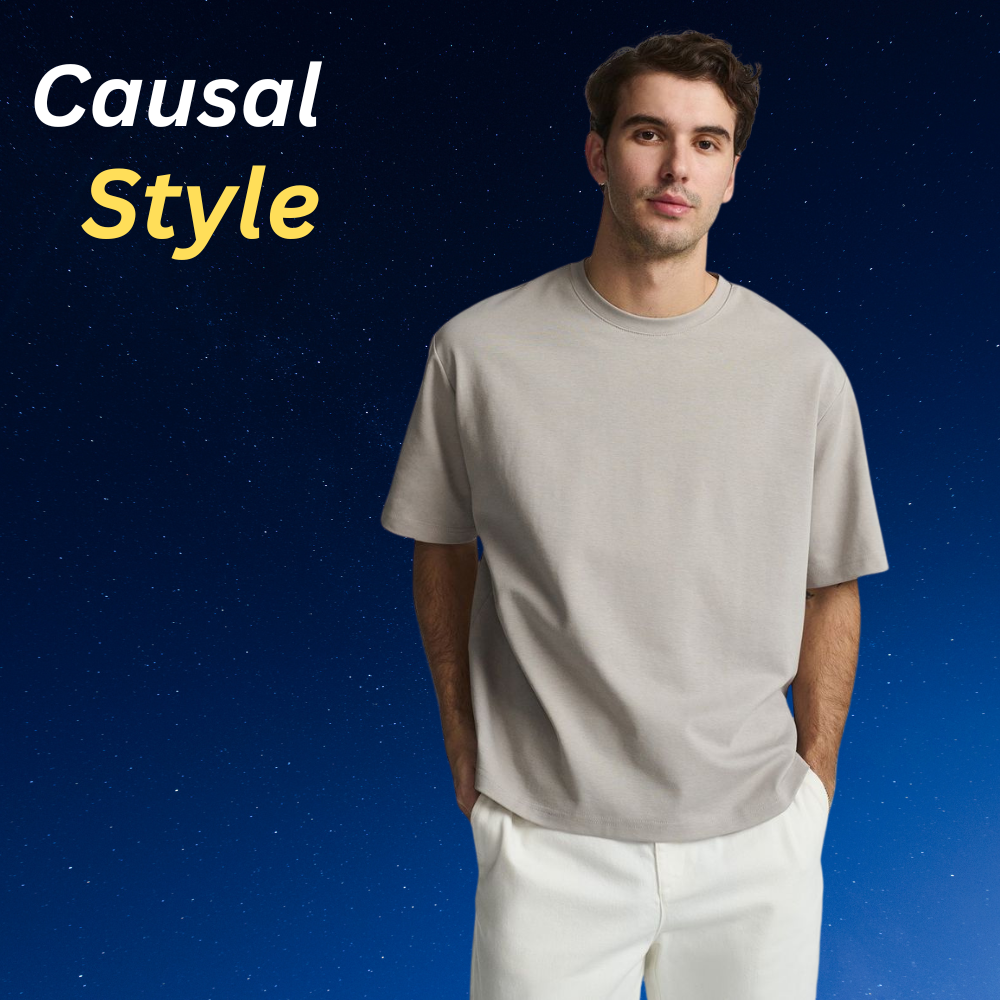 Smart Casual T-Shirt – Premium Comfort & Stylish Everyday Look 7 Smart casual men’s t-shirt on a model with a navy starry background, paired with light trousers for a clean everyday look.