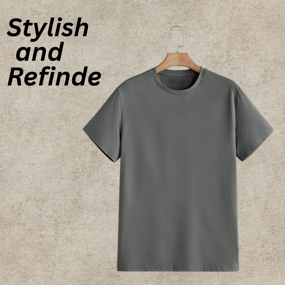 Smart Casual T-Shirt – Premium Comfort & Stylish Everyday Look 11 Smart casual men’s dark gray t-shirt on a hanger against a textured neutral background, featuring a classic crew neckline for a premium everyday look.