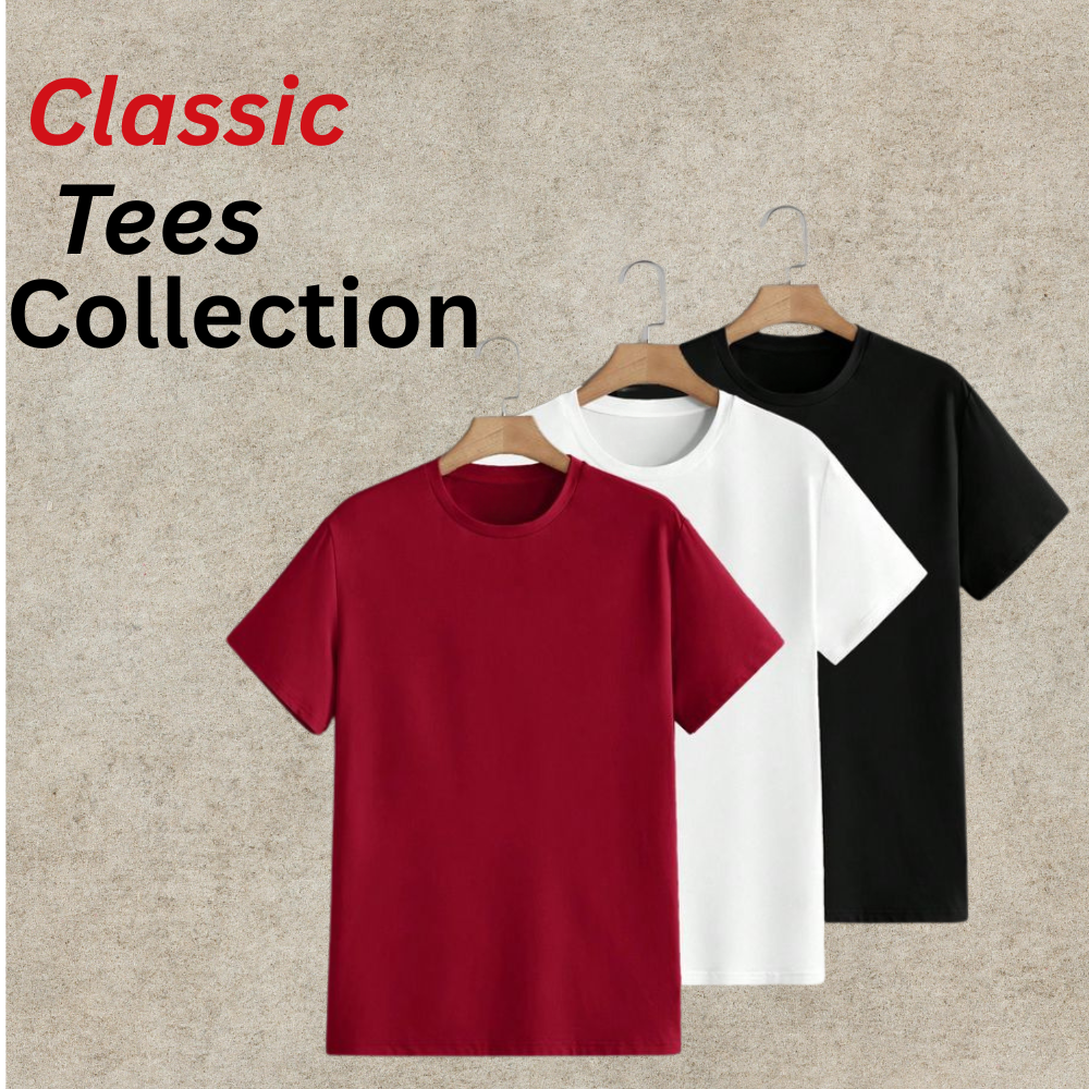 Smart Casual T-Shirt – Premium Comfort & Stylish Everyday Look 12 Smart casual men’s t-shirt collection shown on wooden hangers—red, white, and black crew-neck tees against a neutral textured background, styled for a premium everyday look.