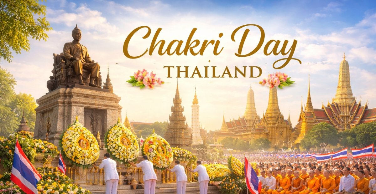 Chakri Day Thailand 2026: History, Meaning, and Celebrations โโChakri Day Thailandโ banner with Thai temples and a golden pagoda in the background, people in white holding and arranging large flower garlands at a statue, and Thai flags waving in the foreground. Chakri Day