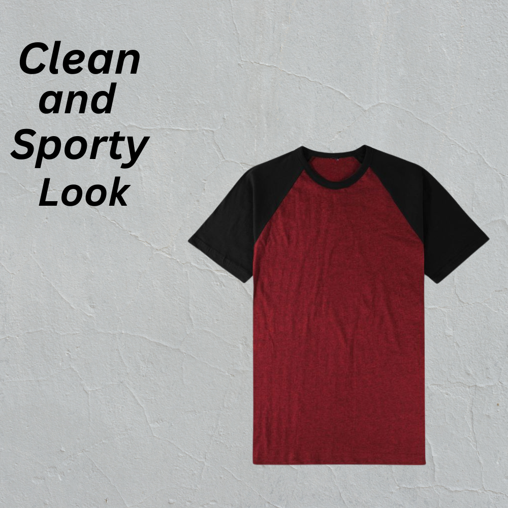 Classic Baseball T-Shirt  with a red front and black raglan sleeves on a clean, textured background.