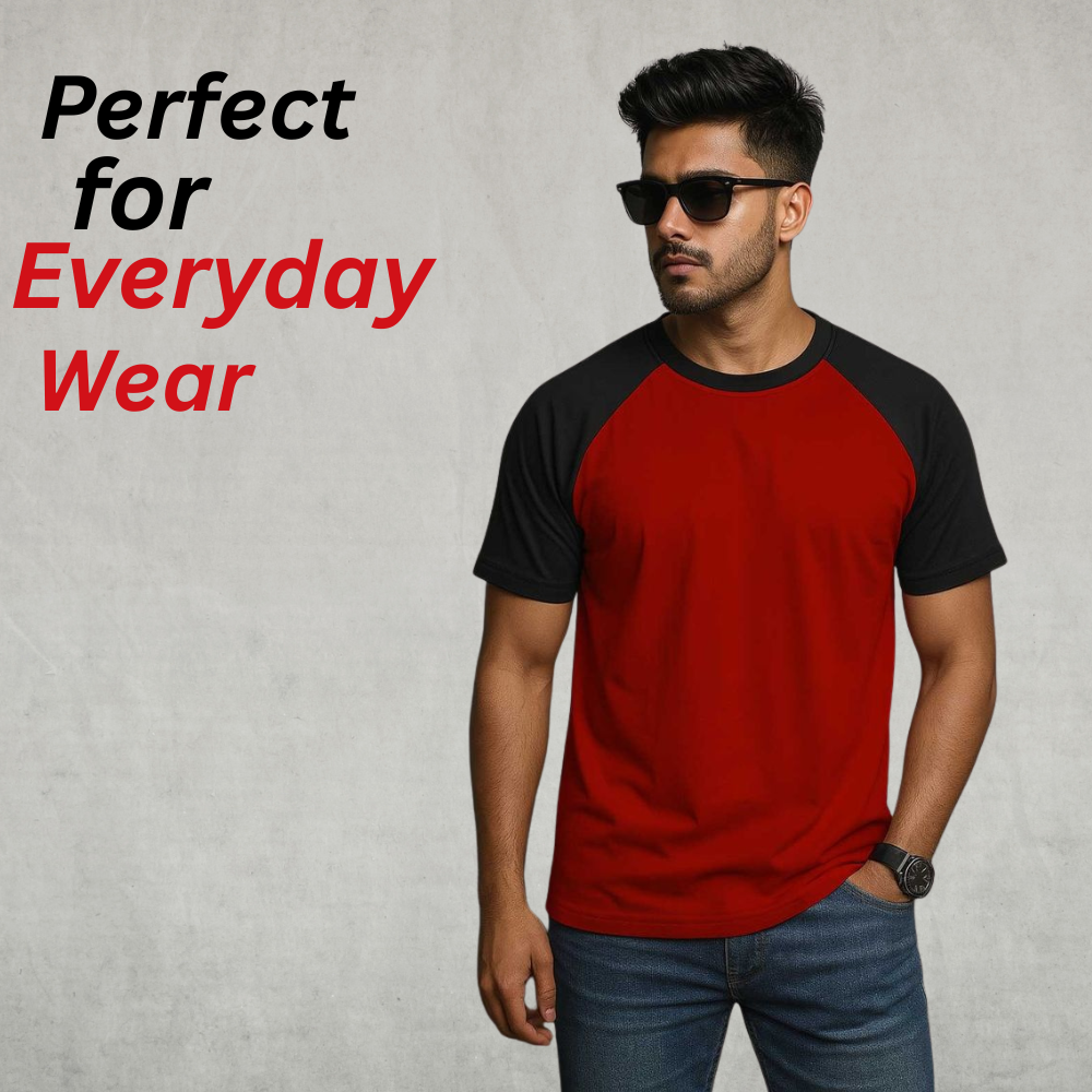Red and black classic raglan baseball T-shirt on a light textured background, featuring bold “Perfect for Everyday Wear” promotional text on the left