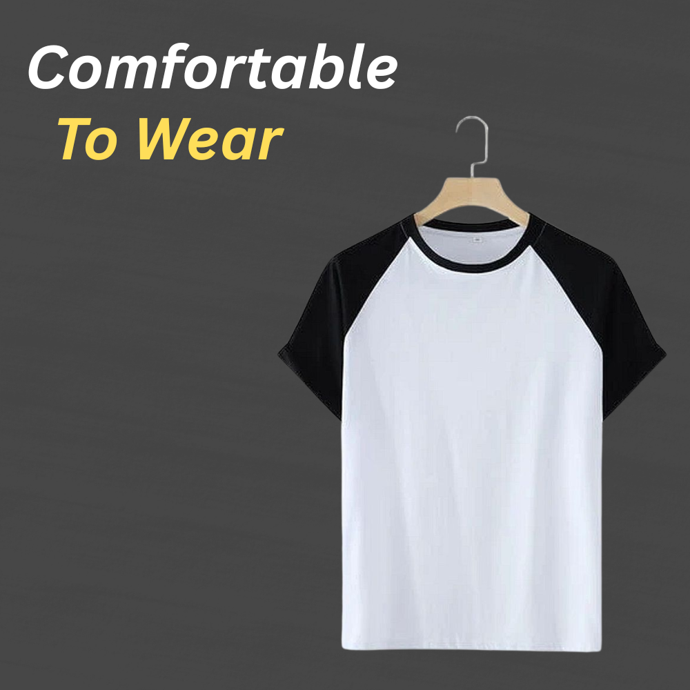 Classic raglan baseball T-shirt in white with black contrast sleeves on a dark background, styled for a comfortable, sporty look.