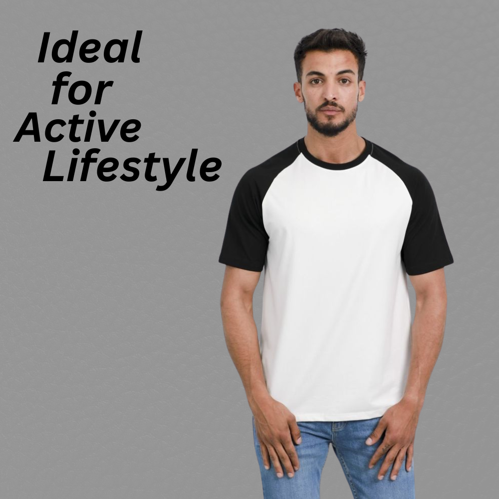 Classic baseball raglan t-shirt with a white body and black contrast sleeves, styled for a comfortable and sporty everyday look.