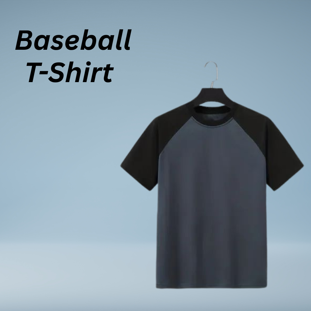 Classic baseball raglan t-shirt with a dark base and contrast sleeves, styled for a comfortable and sporty everyday look.