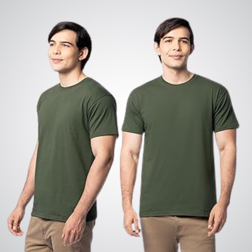 Two men wearing matching dark green T-shirts and khaki pants standing side by side against a light background, highlighting comfort as the essence of everyday wear.

