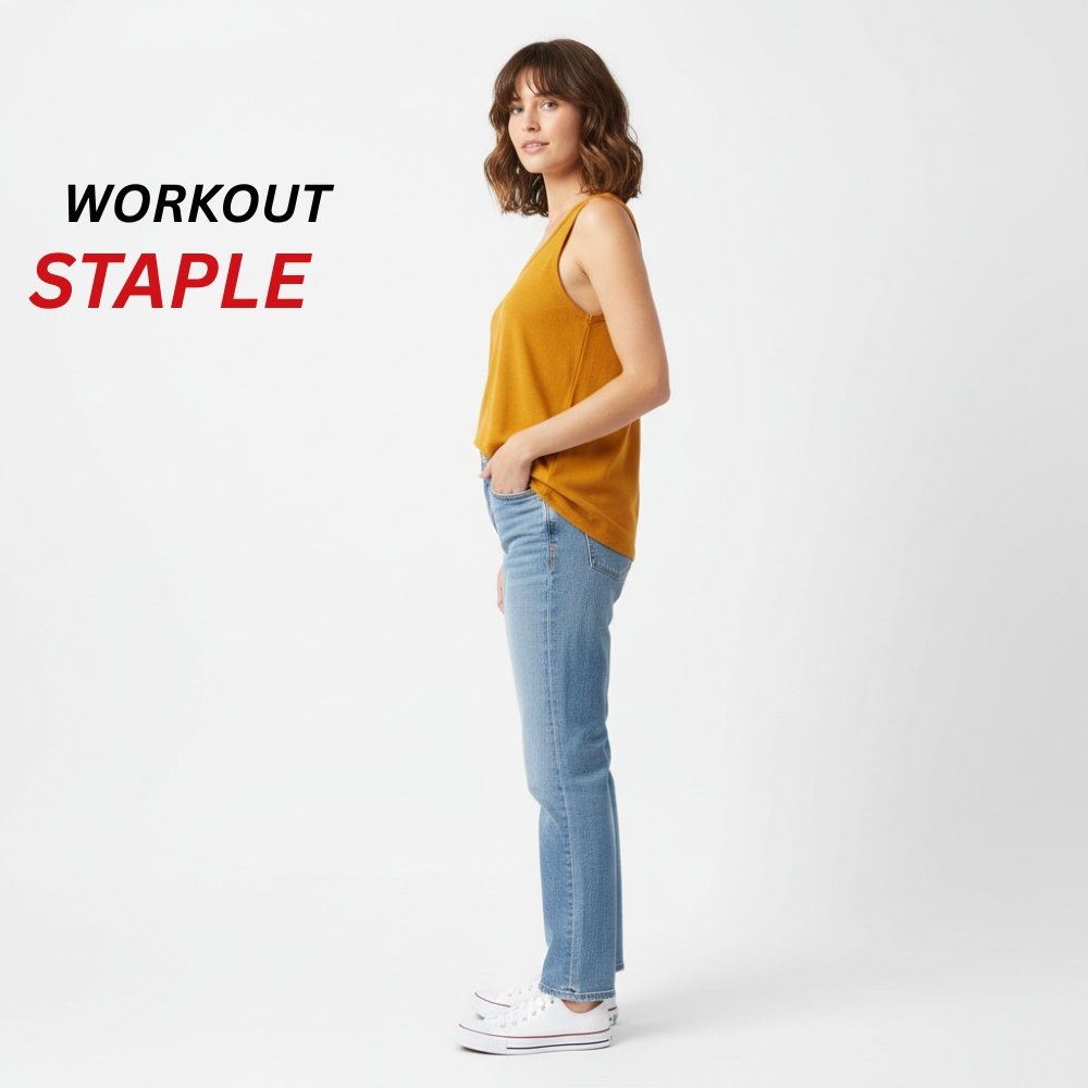 Top Trending Sleeveless T-Shirts That Redefine Comfort 12 Model wearing a mustard sleeveless T-shirt, side view, standing against a plain white background.